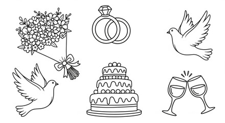Wedding themed line art featuring flowers, rings, doves, cake, and toasting glasses in black and white created with generated ai