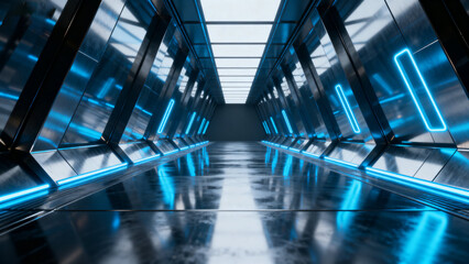 Futuristic corridor with blue neon lights and reflective floor in a high-tech environment
