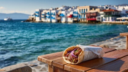 Obraz premium Delicious gyro wrap with a scenic view of mykonos town greece