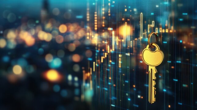 a golden key unlocking a rising financial graph, on blurred background