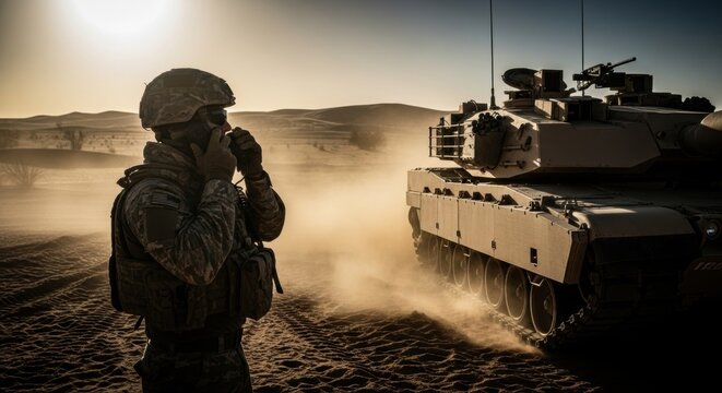 Soldier in desert communicating with radio. Military man near tank dust. War veteran in action during combat operation as army concept.