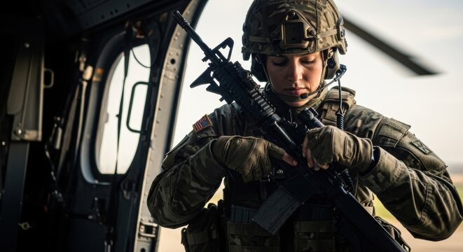 Woman soldier in camouflage uniform with a rifle, ready for combat. Female military personnel on duty. Concept of strength. - Powered by Adobe