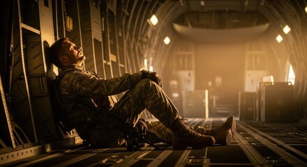 Military man resting inside airplane. Soldier taking a break in combat cargo transport. War and military service concept.