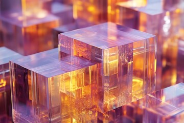 A detailed view of translucent cubes, arranged in a complex geometric pattern, showcasing a vibrant interplay of warm orange and cool purple hues.