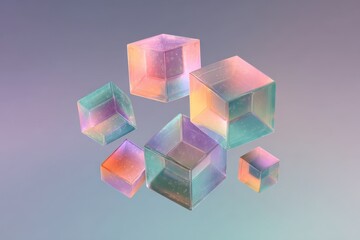A cluster of translucent cubes, various shades of pastel colors, floats against a muted gradient background, creating a visually engaging and abstract composition.