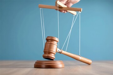 hand control judge gavel with puppet string. Justice manipulation and corruption