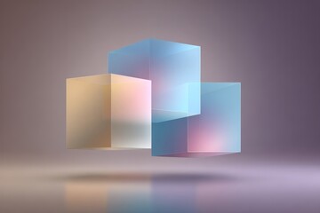 Three translucent cubes in soft pastel hues overlap and float against a muted backdrop, creating a serene and abstract composition.