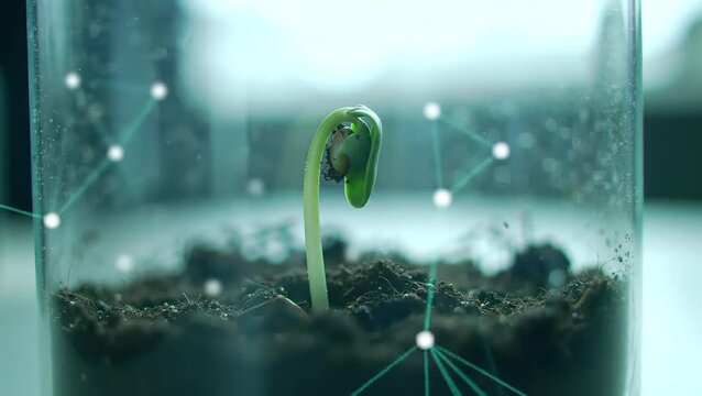 Futuristic Plant Experiment in Glass Container, Biotechnology Research Concept Combining Nature Growth and Digital Innovation