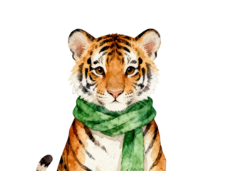 Cute Tiger Cub in Watercolor with Scarf Illustration