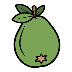 Cartoon style guava fruit with leaves and stem on a white background.