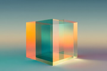 A translucent, multicolored cube stands against a soft, gradient backdrop, showcasing vibrant hues of orange, teal, and gold.