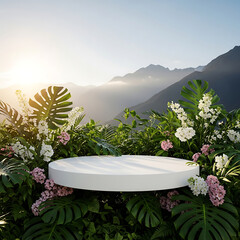 Serene natural podium surrounded by lush green foliage and delicate flowers against a misty mountain backdrop at sunrise
