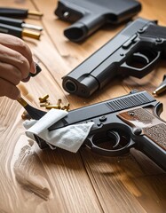 Obraz premium Cleaning firearms on wooden surface