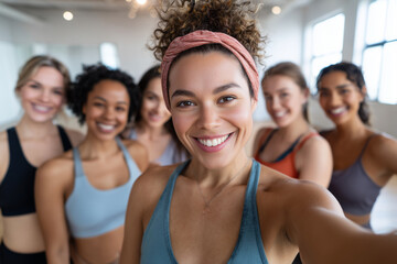 Fototapeta premium Group of young women taking selfie during fitness class, sports outfits, studio background with natural light, 