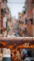 Rusty railing overlooking a blurred street scene with buildings and vehicles far away