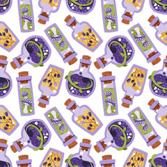 Magical Potion Bottles Seamless Pattern with Elixirs, Spell Jars and Mystic Ingredients. Occult Halloween Background for Gift Wrap, Textile, Wallpaper Design and Magic Branding