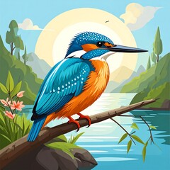 Obraz premium Kingfisher perched on branch by a river