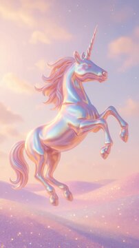 A dreamy, pastel-colored unicorn rearing on sparkling dunes, captured from a low angle. Perfect for a whimsical fantasy video theme. Live mobile wallpaper.