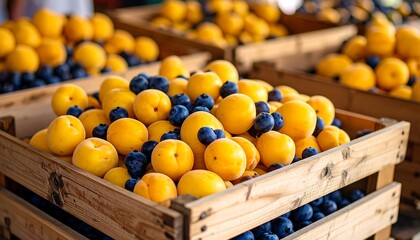 Close-up of wooden crates overflowing with ripe, golden apricots and dark blueberries, likely at a farmer's market. Selective focus. Sunlight. Fresh, healthy produce in abundance