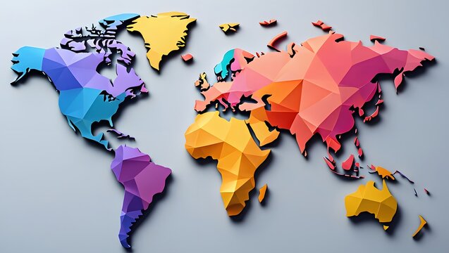 Colorful polygonal world map representation continents and countries stylized design
