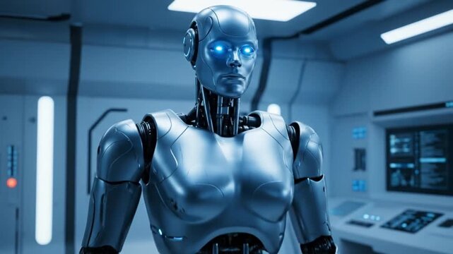 Portrait of a sophisticated android with a polished metal chassis and luminous eyes, symbolizing the future of artificial intelligence and technology