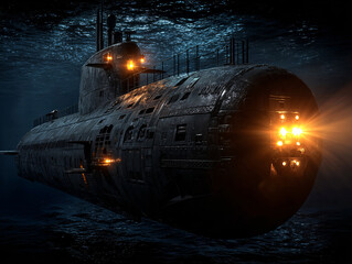 a submarine submerged underwater, with its bow slightly tilted upward. The submarine has several lights on, and the water around it appears to be illuminated, suggesting it may be operating in a dimly