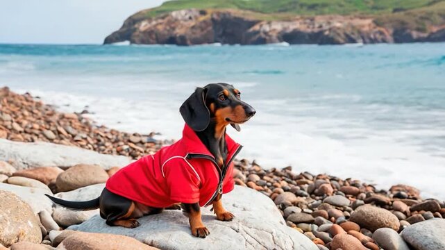 A dog wearing a red jacket sits on a rock overlooking the ocean