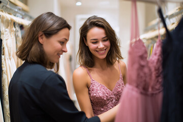 Young woman trying on elegant evening dress in boutique fitting room, friend giving feedback, 