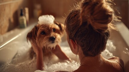 Medium shot, from behind, of a woman washing her small, happy dog in a bathtub filled with bubbles. Her hair is tied up in a messy bun, focused on the task. 