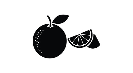 A simple black and white illustration of a whole and sliced orange