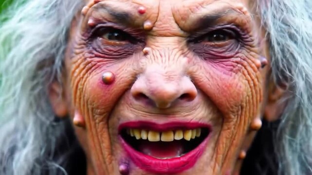 A terrifying close-up of a scary old witch with warts and wrinkles, cackling with a sinister grin for a Halloween-themed video footage sequence
