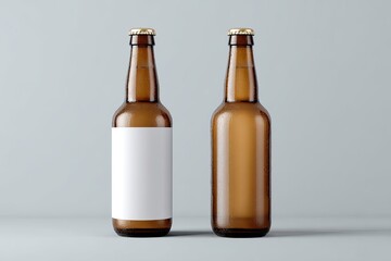 Two amber glass beer bottles, side-by-side, with blank white labels