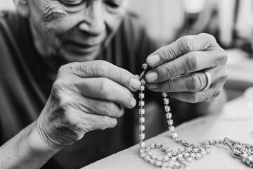 Jewelry maker polishing silver necklace in small workshop, authentic craftsmanship,