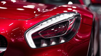 Fototapeta premium A red sports car with its headlights on