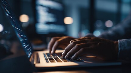 A person is typing on a laptop computer in a dimly lit room