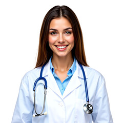 A vibrant studio portrait of a confident and friendly young female doctor with a warm smile, wearing a white lab coat and stethoscope, representing modern healthcare and professional medical services