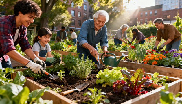Smiling Diverse Generations Cultivating Herbs and Vegetables in a Vibrant Urban Community Garden