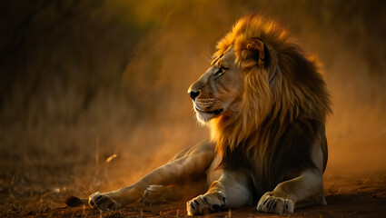 Magnificent Lion Portrait at Dusk Majestic King of the Jungle Resting in the African Savannah Wildlife Photography