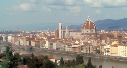 Fototapeta premium Expansive Florence Cityscape: Brunelleschi's Dome, Giotto's Campanile, and Arno River Winding Through Historic Renaissance City