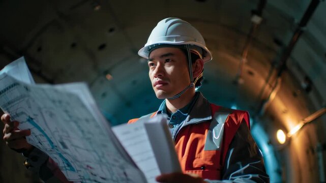 Engineer Reviewing Blueprints in Underground Tunnel Construction Site