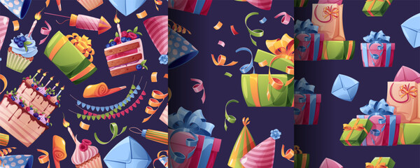 Festive Birthday Pattern Set with Cake, Gifts, Fireworks and Confetti. Party Gift Wrap Collection for Celebration Packaging, Scrapbooking and Decoration