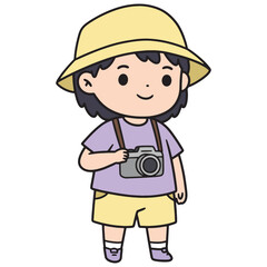 Adorable cartoon child wearing a safari hat and holding a camera, ready for an adventure