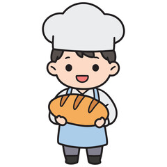Cute cartoon baker with fresh bread, illustration of a happy chef holding a loaf, perfect for bakery advertising and food blogs