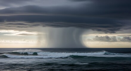 Obraz premium Dramatic rainstorm over the ocean with dark clouds and crashing waves.