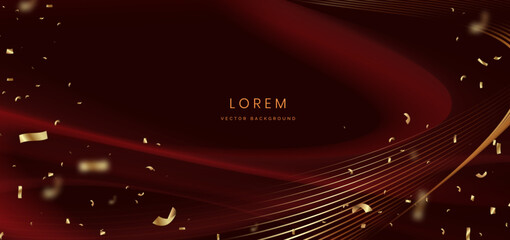 Luxury red curve ray on dark red background with gold confetti.