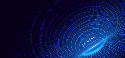 Futuristic blue digital tunnel lines with lighting effect sparkle on dark background.