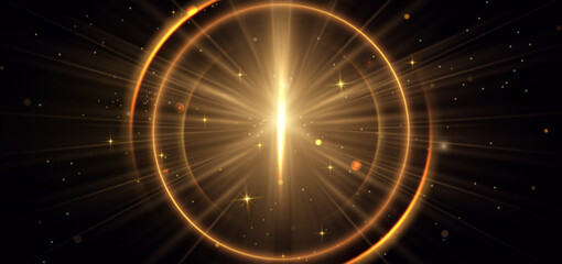 Gold light beam with lighting effect sparkle on dark dark background.