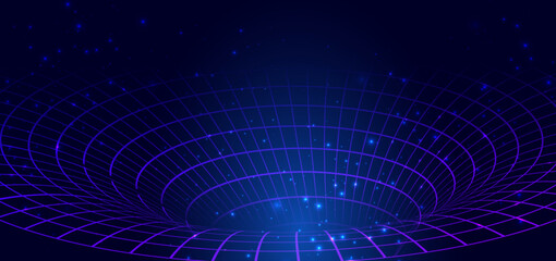 Futuristic blue and pink digital tunnel lines with lighting effect sparkle on dark background.