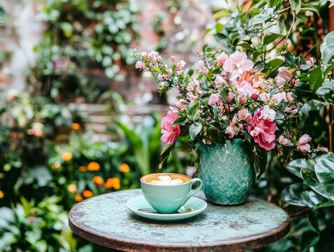Latte art and pink flowers grace a quaint garden table