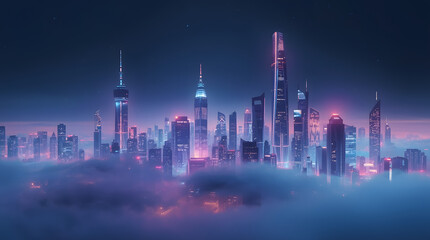 Fototapeta premium A futuristic skyline glowing with soft holographic lights, faint mist surrounding tall glass towers, cinematic dreamlike atmosphere, UHD wallpaper.